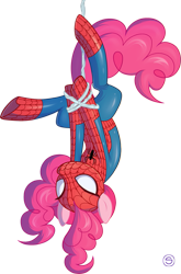 Size: 595x900 | Tagged: safe, artist:stasysolitude, pinkie pie, earth pony, pony, clothes, cosplay, costume, crossover, female, mare, simple background, solo, spider-man, transparent background, upside down