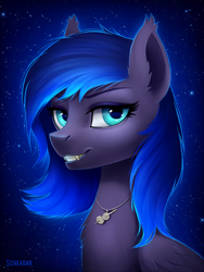 Size: 900x1200 | Tagged: safe, artist:scheadar, oc, oc only, oc:nyreen, pony, bust, fangs, female, grin, mare, portrait, smiling, solo