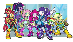 Size: 1550x900 | Tagged: safe, artist:rvceric, applejack, fluttershy, pinkie pie, rainbow dash, rarity, sci-twi, sunset shimmer, twilight sparkle, better together, equestria girls, super squad goals, :<, clothes, crystal guardian, dress, goggles, humane seven, nail polish, open mouth, ponied up, scene interpretation, simple background, skirt, smiling, visor