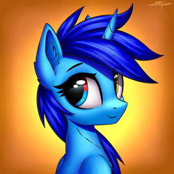 Size: 3000x3000 | Tagged: safe, artist:setharu, oc, oc only, oc:windows 8, pony, unicorn, bust, ear fluff, female, gradient background, heterochromia, looking back, mare, portrait, signature, smiling, solo, three quarter view