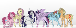 Size: 3000x1120 | Tagged: safe, artist:dementra369, applejack, fluttershy, pinkie pie, rainbow dash, rarity, twilight sparkle, twilight sparkle (alicorn), alicorn, earth pony, pegasus, pony, unicorn, female, group, mane six, mare, older, open mouth