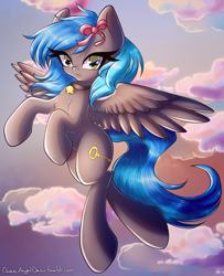 Size: 2000x2459 | Tagged: safe, artist:chaosangeldesu, oc, oc only, oc:key turner, pegasus, pony, collar, femboy, flying, male, solo, spread wings, stallion, wings, ych result