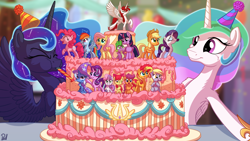 Size: 3840x2160 | Tagged: safe, artist:pirill, apple bloom, applejack, derpy hooves, fluttershy, pinkie pie, princess celestia, princess luna, rainbow dash, rarity, scootaloo, spike, starlight glimmer, sunset shimmer, sweetie belle, trixie, twilight sparkle, twilight sparkle (alicorn), oc, oc:fausticorn, alicorn, dragon, earth pony, pegasus, pony, unicorn, :p, anniversary, cake, cape, clothes, constellation, cute, cutie mark crusaders, decoration, derpabetes, ethereal mane, eyes closed, faustabetes, female, figurine, food, frosting, galaxy mane, grin, happy birthday mlp:fim, hat, hoof shoes, horn, male, mama twilight, mane seven, mane six, mare, mlp fim's seventh anniversary, party hat, party horn, royal sisters, shyabetes, silly, smiling, spikabetes, spikelove, spread wings, starry mane, sweet dreams fuel, tongue out, trixie's cape, trixie's hat, twiabetes, wall of tags, wings