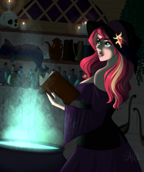Size: 2056x2458 | Tagged: safe, artist:fairdahlia, sunset shimmer, cat, human, book, breasts, candle, cauldron, halloween, hat, holiday, humanized, skull, smiling, witch, witch hat