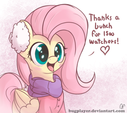 Size: 2600x2300 | Tagged: safe, artist:bugplayer, fluttershy, pegasus, pony, blushing, bugplayer is trying to murder us, clothes, coat, cute, earmuffs, female, followers, happy, heart eyes, mare, milestone, scarf, shyabetes, solo, wingding eyes, winter