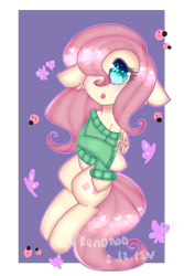 Size: 2000x3000 | Tagged: safe, artist:bunxl, fluttershy, butterfly, ladybug, pegasus, pony, bottomless, clothes, cyan eyes, digital art, female, floppy ears, flying, green sweater, mare, off shoulder, off shoulder sweater, open mouth, partial nudity, pink hair, pink mane, pink tail, solo, sweater, sweatershy, yellow coat