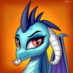 Size: 3000x3000 | Tagged: safe, artist:setharu, dragon lord ember, princess ember, dragon, bust, curved horn, dragoness, female, grumpy, looking away, signature, solo