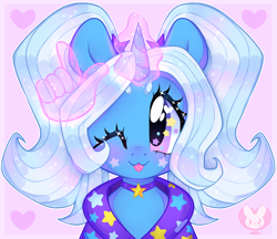 Size: 4000x3456 | Tagged: safe, artist:bunxl, trixie, pony, unicorn, :p, babysitter trixie, bust, cute, diatrixes, digital art, female, glowing horn, hand, heart, high res, horn, magic, magic hands, mare, one eye closed, pink background, portrait, simple background, smiling, solo, tongue out, wink