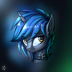 Size: 1100x1100 | Tagged: safe, artist:starfall-spark, oc, oc only, oc:homage, unicorn, fallout equestria, bust, clothes, collar, female, head, mare, solo