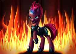 Size: 6768x4785 | Tagged: safe, artist:setharu, tempest shadow, pony, unicorn, my little pony: the movie, absurd resolution, armor, broken horn, clothes, ear fluff, evil grin, female, fire, glowing horn, grin, leg fluff, mare, raised hoof, signature, smiling, solo, sparks, standing