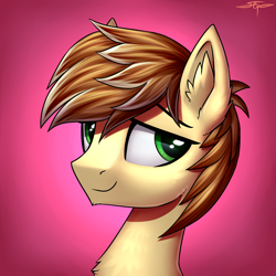 Size: 3000x3000 | Tagged: safe, artist:setharu, feather bangs, pony, bust, ear fluff, gradient background, looking away, looking back, male, portrait, signature, smiling, solo, stallion