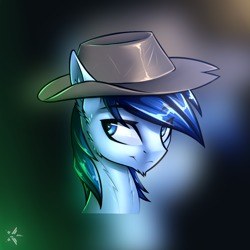 Size: 1100x1100 | Tagged: safe, artist:starfall-spark, oc, oc only, oc:p-21, fallout equestria, blue eyes, bust, clothes, colt, hat, head, male