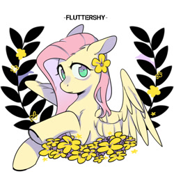 Size: 1024x1024 | Tagged: safe, artist:snowillusory, fluttershy, pegasus, pony, bust, flower, flower in hair, looking at you, looking sideways, name, portrait, raised hoof, solo, spread wings, wings