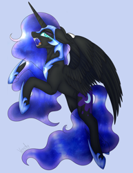 Size: 2700x3500 | Tagged: safe, artist:vendy05, nightmare moon, alicorn, drool, fangs, female, flying, helmet, mare, sharp teeth, simple background, solo, teeth, wings