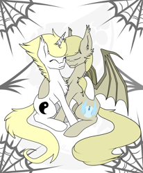 Size: 892x1080 | Tagged: safe, artist:moon-scream, oc, oc only, bat pony, pony, unicorn, bat pony oc, chest fluff, duo, ear fluff, embrace, eyes closed, hug, spider web