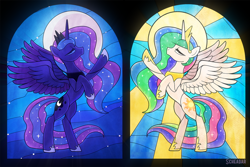 Size: 1200x803 | Tagged: safe, artist:scheadar, princess celestia, princess luna, alicorn, pony, duo, horseshoes, rearing, stained glass