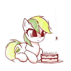 Size: 600x600 | Tagged: safe, artist:rainbow, oc, oc only, earth pony, pony, spider, birthday cake, cake, cute, female, food, mare, prone, simple background, smiling, solo, white background