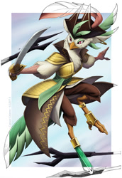 Size: 880x1280 | Tagged: safe, artist:loupgarou, captain celaeno, anthro, parrot, my little pony: the movie, clothes, female, fight, hat, offscreen character, pirate, pirate hat, solo, solo focus, spear, storm guard, sword, trident, weapon