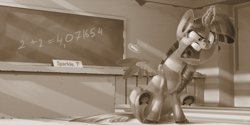 Size: 3000x1500 | Tagged: safe, artist:v747, twilight sparkle, twilight sparkle (alicorn), alicorn, pony, angry, chalk, chalkboard, classroom, desk, faic, fluffy, frown, glare, grayscale, horseshoes, levitation, magic, math, monochrome, open mouth, pointing, sitting, solo, spread wings, teaching, telekinesis, tongue out, underhoof, uvula, wings, yelling