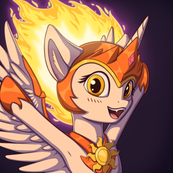 Size: 3000x3000 | Tagged: safe, artist:artbymrsun, daybreaker, alicorn, pony, a royal problem, armpits, cute, diabreaker, fangs, female, looking at you, mane of fire, open mouth, outstretched arms, solo
