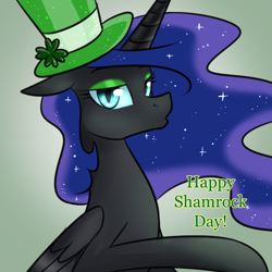 Size: 750x750 | Tagged: safe, artist:cosmalumi, nightmare moon, alicorn, pony, clover, female, four leaf clover, hat, holiday, lidded eyes, mare, saint patrick's day, solo, tumblr:ask queen moon