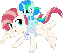 Size: 6000x5032 | Tagged: safe, artist:aureai, oc, oc only, oc:aureai, oc:cyan lightning, pegasus, pony, unicorn, .svg available, absurd resolution, cape, clothes, colt, cute, female, flying, happy, male, mare, ocbetes, open mouth, ponies riding ponies, scarf, simple background, spread wings, transparent background, vector, windswept mane, wings