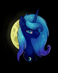 Size: 1973x2500 | Tagged: safe, artist:dragonataxia, princess luna, alicorn, pony, bust, dark background, ear fluff, moon, portrait, s1 luna, simple background, smiling, solo