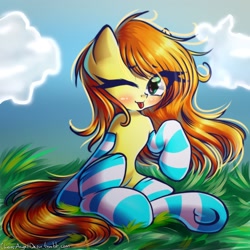Size: 2160x2160 | Tagged: safe, artist:chaosangeldesu, oc, oc only, earth pony, pony, blushing, clothes, female, frog (hoof), grass, looking at you, mare, one eye closed, raised hoof, sitting, socks, solo, striped socks, tongue out, underhoof, wink