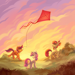Size: 4000x4000 | Tagged: safe, artist:share dast, apple bloom, scootaloo, sweetie belle, earth pony, pegasus, pony, unicorn, cutie mark crusaders, female, kite, kite flying, smiling, sunset, trio