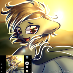 Size: 2000x2000 | Tagged: safe, artist:chaosangeldesu, oc, oc only, bat pony, pony, bat pony oc, female, lens flare, mare, open mouth, phone screen, solo, sun, windswept mane, ych result