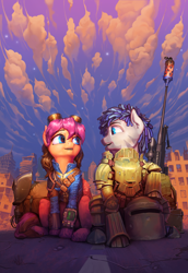 Size: 2666x3878 | Tagged: safe, artist:darthagnan, oc, oc only, oc:ketika, oc:munkari, zebra, fallout equestria, armor, bag, cityscape, clothes, cloud, cloudy, combat armor, female, goggles, gun, looking at each other, male, mare, pipboy, rifle, sitting, smiling, sniper rifle, stallion, vault suit, weapon, welding mask, zebra oc