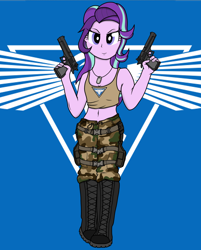 Size: 2060x2560 | Tagged: safe, artist:xphil1998, starlight glimmer, equestria girls, belly button, boots, camouflage, clothes, command and conquer, crossover, desert eagle, dog tags, dual wield, gun, guns akimbo, midriff, military, red alert 3, shoes, smiling, tanktop, tanya adams, weapon