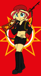 Size: 1536x2796 | Tagged: safe, artist:xphil1998, sunset shimmer, equestria girls, belly button, beret, boots, clothes, command and conquer, crossover, epaulettes, gun, hat, midriff, military, natasha volkova, red alert 3, rifle, shoes, shorts, sling, smiling, sniper rifle, soviet shimmer, weapon