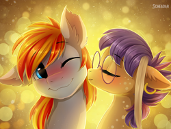 Size: 1116x837 | Tagged: safe, artist:scheadar, oc, oc only, oc:cookie, oc:heartfire, pony, blushing, cookiefire, duo, ear piercing, female, glasses, kiss on the cheek, kissing, lens flare, male, piercing, shipping, straight, ych result
