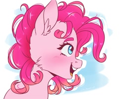 Size: 2000x1600 | Tagged: safe, artist:silbersternenlicht, pinkie pie, earth pony, pony, bust, cheek fluff, ear fluff, female, mare, messy mane, open mouth, portrait, simple background, smiling, solo