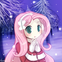 Size: 750x750 | Tagged: safe, artist:lumineko, fluttershy, human, blushing, breath, clothes, cold, cute, earmuffs, female, gloves, humanized, looking at you, lumineko is trying to murder us, open mouth, patreon, shyabetes, snow, snowfall, solo, textless, winter