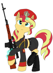 Size: 1256x1716 | Tagged: safe, artist:xphil1998, sunset shimmer, pony, unicorn, beret, boots, clothes, command and conquer, crossover, epaulettes, female, glowing horn, gun, hat, hooves, horn, looking at you, magic, mare, midriff, military uniform, natasha volkova, optical sight, red alert, red alert 3, rifle, shoes, simple background, sniper, sniper rifle, sniperskya vintovka dragunova, solo, soviet shimmer, telekinesis, transparent background, weapon