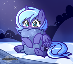 Size: 1272x1125 | Tagged: safe, artist:xwhitedreamsx, princess luna, alicorn, pony, bed, blushing, cute, female, filly, hug, lunabetes, pillow, pillow hug, scared, sitting, solo, sweet dreams fuel, teary eyes, woona