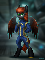 Size: 900x1200 | Tagged: safe, artist:scheadar, oc, oc only, oc:acid etching, anthro, pegasus, bipedal, clothes, crossover, female, solo, star trek, starfleet, uniform