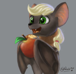 Size: 787x771 | Tagged: safe, artist:nebula210, applejack, bat, earth pony, fruit bat, pony, apple, applebat, eating, fangs, female, food, gray background, simple background, solo, species swap