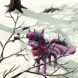 Size: 1800x1800 | Tagged: safe, artist:weird--fish, twilight sparkle, twilight sparkle (alicorn), alicorn, bird, pony, bare tree, bullfinch, clothes, scarf, smiling, snow, solo, tree, winter