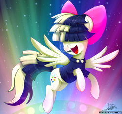 Size: 1871x1742 | Tagged: safe, artist:the-butch-x, songbird serenade, pegasus, pony, my little pony: the movie, bow, clothes, female, flying, hair bow, headworn microphone, mare, microphone, open mouth, smiling, solo, spread wings, wings