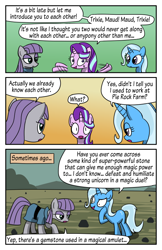 Size: 550x850 | Tagged: safe, artist:acidemerald, maud pie, starlight glimmer, trixie, earth pony, pony, unicorn, rock solid friendship, comic, dialogue, female, implied alicorn amulet, implied twilight sparkle, lidded eyes, mare, rock, rock farm, shrunken pupils, sweat