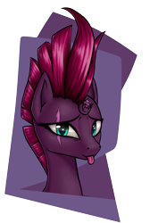 Size: 2893x4092 | Tagged: safe, artist:koshakevich, tempest shadow, pony, unicorn, my little pony: the movie, :p, absurd resolution, broken horn, bust, eye scar, female, looking at you, mare, portrait, scar, silly, smiling, solo, tongue out, when she smiles