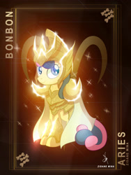 Size: 3161x4200 | Tagged: safe, artist:zidanemina, bon bon, sweetie drops, earth pony, pony, aries, armor, crossover, female, gold cloth, gold saint, helmet, horoscope, mare, saint seiya, sitting, smiling, solo, zodiac