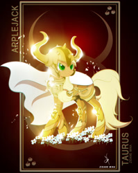 Size: 1753x2200 | Tagged: safe, artist:zidanemina, applejack, earth pony, pony, armor, cape, clothes, crossover, female, frown, gold cloth, gold saint, helmet, horoscope, mare, saint seiya, solo, taurus, zodiac