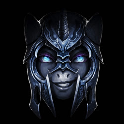 Size: 800x800 | Tagged: safe, artist:ziom05, nightmare moon, armor, bedroom eyes, black background, eyelashes, female, grin, helmet, looking at you, portrait, simple background, smiling, smirk, solo