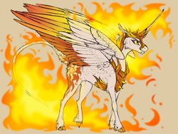 Size: 800x600 | Tagged: safe, artist:dementra369, daybreaker, alicorn, classical unicorn, pony, unicorn, a royal problem, armor, cheek fluff, cloven hooves, curved horn, fangs, female, fire, gray background, helmet, large wings, leonine tail, mane of fire, mare, simple background, slit eyes, solo, spread wings, unshorn fetlocks, wings