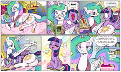 Size: 1920x1149 | Tagged: safe, artist:pencils, princess celestia, twilight sparkle, twilight sparkle (alicorn), alicorn, pony, comic:sunbutt sunday, ^^, adorkable, bed, behaving like a cat, bibliophile, blushing, book, bookgasm, bookhorse, bookmark, celestia is not amused, clothes, colored pupils, comic, cute, cutelestia, dialogue, dock, dork, duo, eyes closed, eyes on the prize, eyeshadow, female, floppy ears, frown, glasses, gratuitous greek, gratuitous latin, greek, grin, implied tirek, latin, levitation, lidded eyes, looking back, magic, makeup, mare, momlestia, open mouth, plot, prone, purple smart, reaching, reading, reading glasses, sitting, slice of life, slippers, smiling, speech bubble, spread wings, squee, startled, sunbutt, telekinesis, that pony sure does love books, twiabetes, unamused, wall of tags, wide eyes, wings, written equestrian