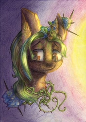 Size: 800x1131 | Tagged: safe, artist:rinioshi, oc, oc only, pony, unicorn, bust, ear fluff, female, flower, mare, portrait, solo, traditional art, vine